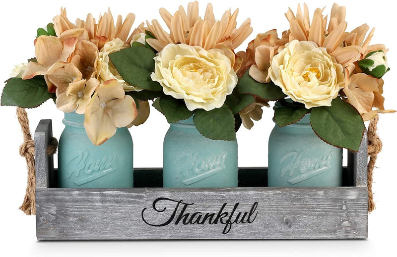 Table Centerpieces for Kitchen,Besuerte Dining Table Wood Floral Modern Decorations Centerpieces for New Home Gift,Wedding Party,4-Blue Ceramic Jars Home & Garden > Decor > Seasonal & Holiday Decorations BING DECOR Blue jars 3-Jar 