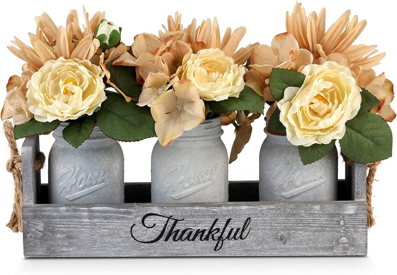 Table Centerpieces for Kitchen,Besuerte Dining Table Wood Floral Modern Decorations Centerpieces for New Home Gift,Wedding Party,4-Blue Ceramic Jars Home & Garden > Decor > Seasonal & Holiday Decorations BING DECOR White jars 3-Jar 