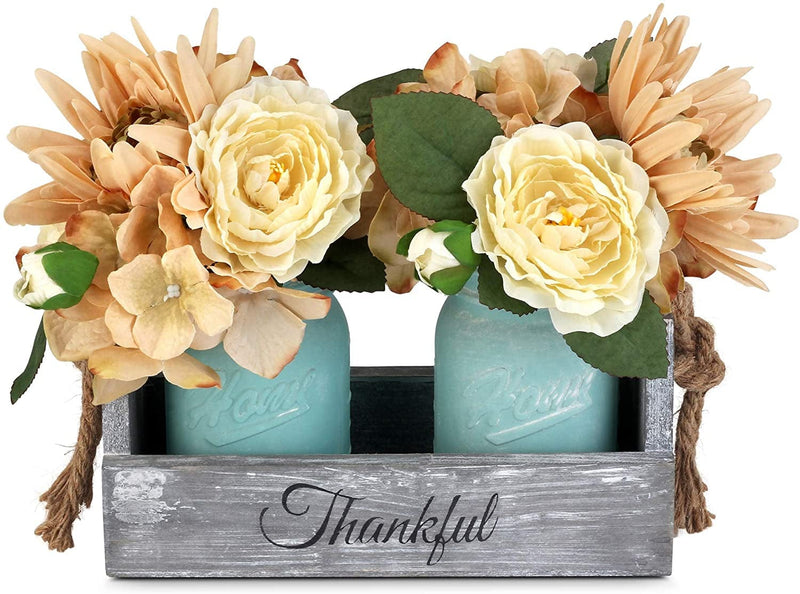 Table Centerpieces for Kitchen,Besuerte Dining Table Wood Floral Modern Decorations Centerpieces for New Home Gift,Wedding Party,4-Blue Ceramic Jars Home & Garden > Decor > Seasonal & Holiday Decorations BING DECOR Blue jars 2-Jar 