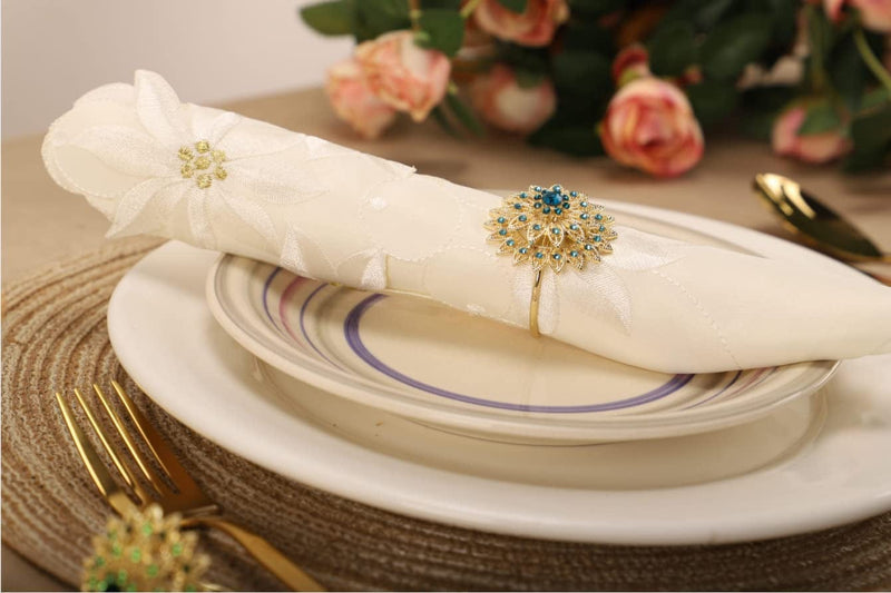 Tayis Metallic Floral Napkin Rings Set of 10, Blue Napkin Ring Holder for Table Decoration,Gorgeous Jewelry Wedding Party, Holiday Dinner Banquet, Pretty Napkin Ring Decor Gifts