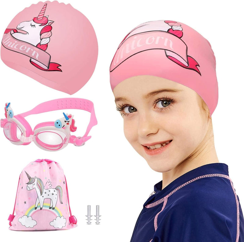 TCJJ Kids Swim Cap with Swimming Goggles and Swim Bag for Girls Boys(Age 3-15), Silicone Waterproof Swimming and Bathing Caps for Long and Short Hair Child Toddler Teens Sporting Goods > Outdoor Recreation > Boating & Water Sports > Swimming > Swim Caps TCJJ Unicorn Age 3-8 