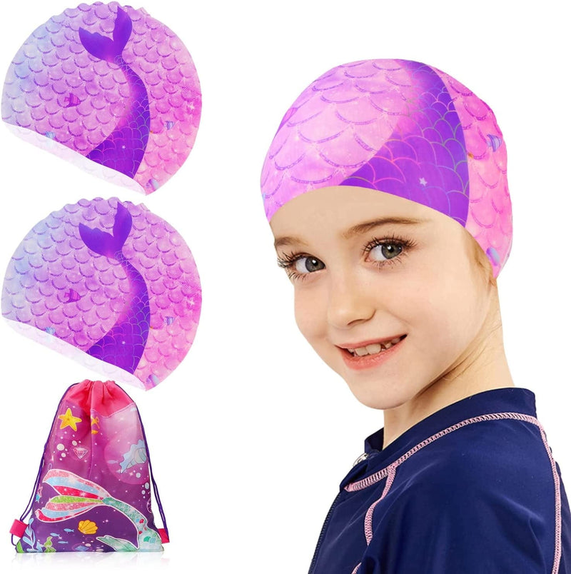 TCJJ Kids Swim Cap with Swimming Goggles and Swim Bag for Girls Boys(Age 3-15), Silicone Waterproof Swimming and Bathing Caps for Long and Short Hair Child Toddler Teens Sporting Goods > Outdoor Recreation > Boating & Water Sports > Swimming > Swim Caps TCJJ Mermaid-2 Pack Age 8-15 
