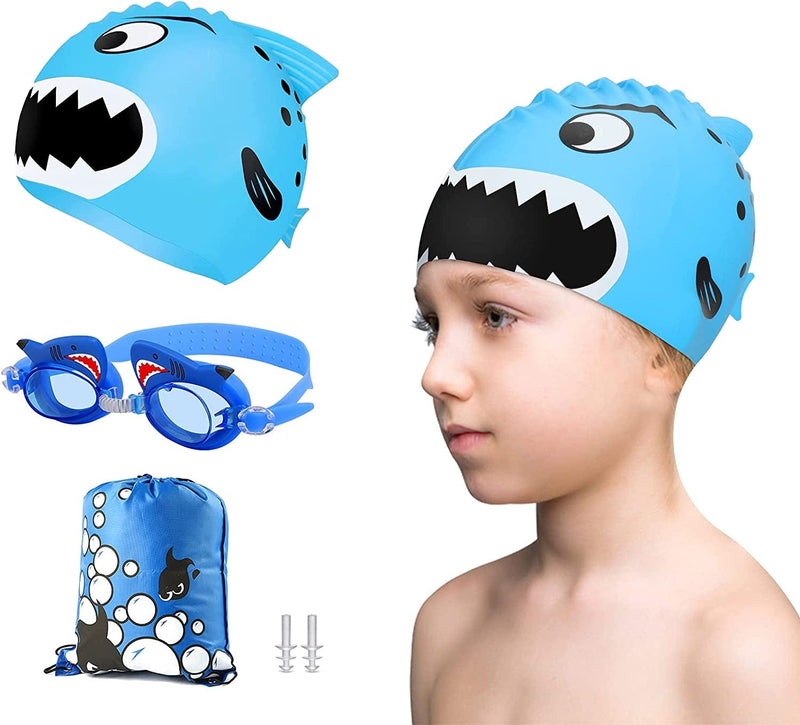 TCJJ Kids Swim Cap with Swimming Goggles and Swim Bag for Girls Boys(Age 3-15), Silicone Waterproof Swimming and Bathing Caps for Long and Short Hair Child Toddler Teens Sporting Goods > Outdoor Recreation > Boating & Water Sports > Swimming > Swim Caps TCJJ Shark Age 3-8 