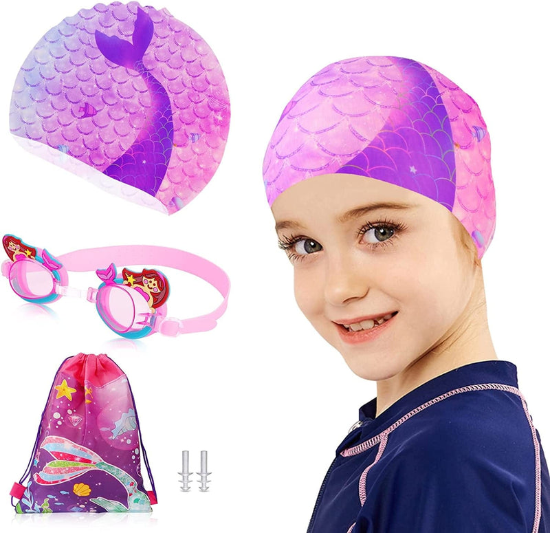 TCJJ Kids Swim Cap with Swimming Goggles and Swim Bag for Girls Boys(Age 3-15), Silicone Waterproof Swimming and Bathing Caps for Long and Short Hair Child Toddler Teens Sporting Goods > Outdoor Recreation > Boating & Water Sports > Swimming > Swim Caps TCJJ Mermaid Age 3-8 