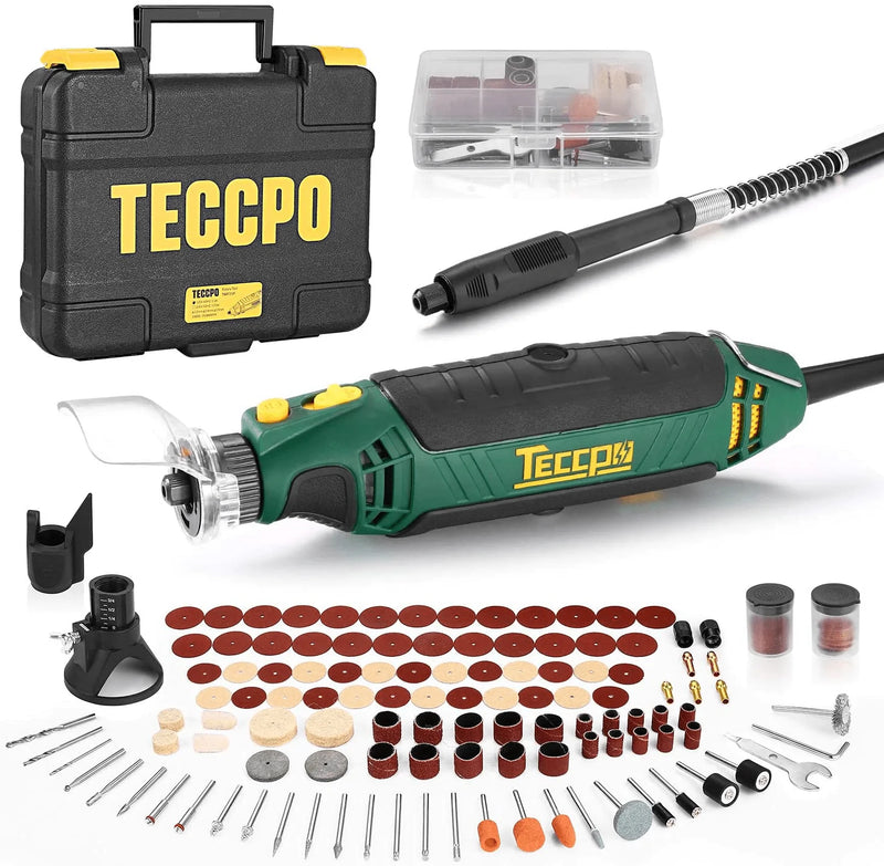 TECCPO Rotary Tool Kit, 110 Accessories, 4 Attachments, Carrying Case, 6 Variable Speed with Flex shaft, Protective Shield, Sharpening Guide, Cutting Guide, Ideal for Crafting Project and DIY