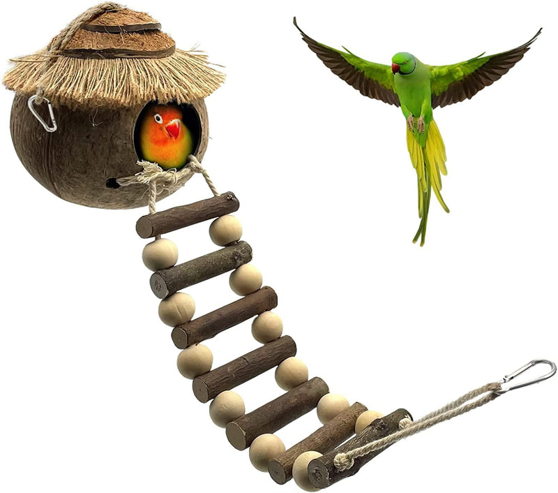 Tfwadmx Hanging Bird House with Ladder Natural Coconut Fiber Birds Nest Coco Shell Hideaway Lovebird Swing Toys Parrot Cage Accessories for Parakeet Finch Parrot Canary Animals & Pet Supplies > Pet Supplies > Bird Supplies > Bird Cages & Stands Tfwadmx   