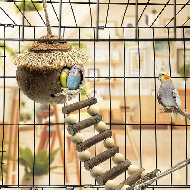 Tfwadmx Hanging Bird House with Ladder Natural Coconut Fiber Birds Nest Coco Shell Hideaway Lovebird Swing Toys Parrot Cage Accessories for Parakeet Finch Parrot Canary Animals & Pet Supplies > Pet Supplies > Bird Supplies > Bird Cages & Stands Tfwadmx   