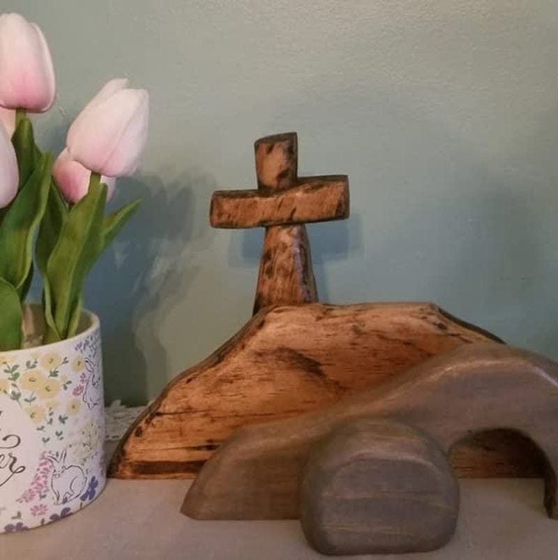 The Empty Tomb Easter Scene and Cross, Jesus Tomb Easter Tray Bundle Kit, Easter Resurrection Scene Set Wooden Jesus Puzzle Statue for Easter Decorations for the Home, Tabletop, Office.