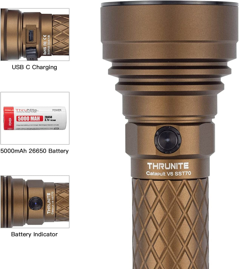 Thrunite Catapult V6 Rechargeable Search Flashlight SST70 LED, Outdoor Spotlight for Hunting, Camping, Hiking (Desert Tan Cool White)
