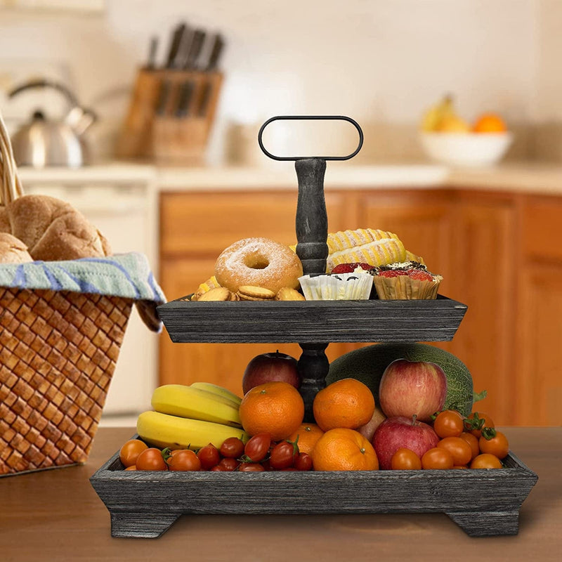 Tiered Tray Decor 2 Tier Wooden Tray Stand Decorative Serving with Metal Handle Farmhouse Two Tiered Tray-Rustic Rectangular Tiered Tray Tiered for Kitchen Table Decor Serving Tier Tray Decoration Home & Garden > Decor > Seasonal & Holiday Decorations ZYVICXFJ   