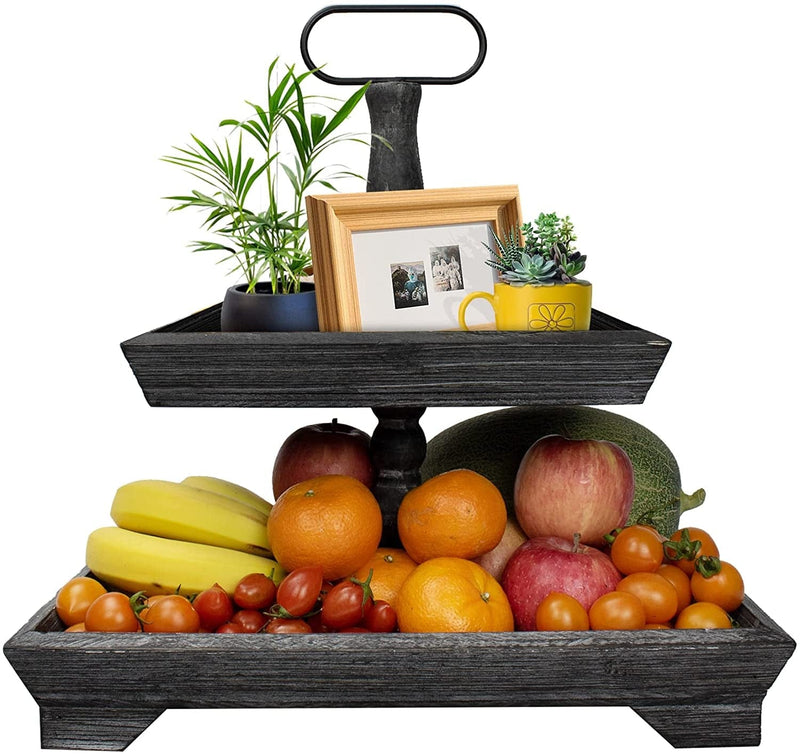 Tiered Tray Decor 2 Tier Wooden Tray Stand Decorative Serving with Metal Handle Farmhouse Two Tiered Tray-Rustic Rectangular Tiered Tray Tiered for Kitchen Table Decor Serving Tier Tray Decoration Home & Garden > Decor > Seasonal & Holiday Decorations ZYVICXFJ   