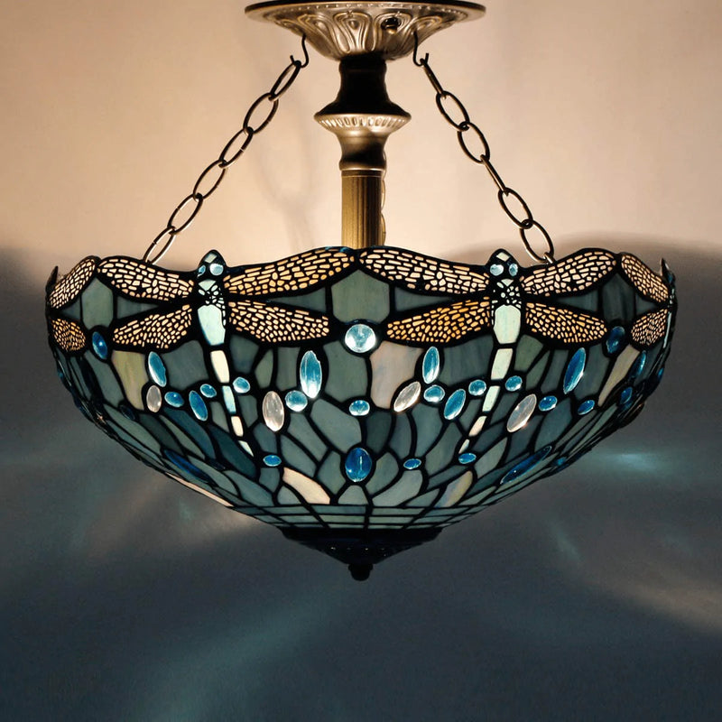 Tiffany Ceiling Light Fixture Semi Flush Mount 16" Sea Blue Stained Glass Dragonfly Shade Close to Dome Island Boho Hanging Lamp Decor Bedroom Kitchen Dining Living Room Entry Foyer Hallway WERFACTORY Home & Garden > Lighting > Lighting Fixtures > Ceiling Light Fixtures KOL DEALS   