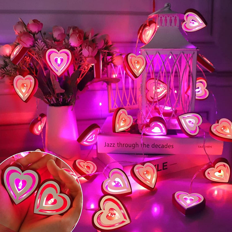 [ Timer ] Valentine'S Day Wooden Heart Lights Decorations, 10 Ft 30 LED 3D Red Pink Hearts String Lights Hollow Heart Shaped Fairy Light Battery Operated Valentines Decor Indoor Home Bedroom Wedding Home & Garden > Lighting > Light Ropes & Strings TURNMEON   