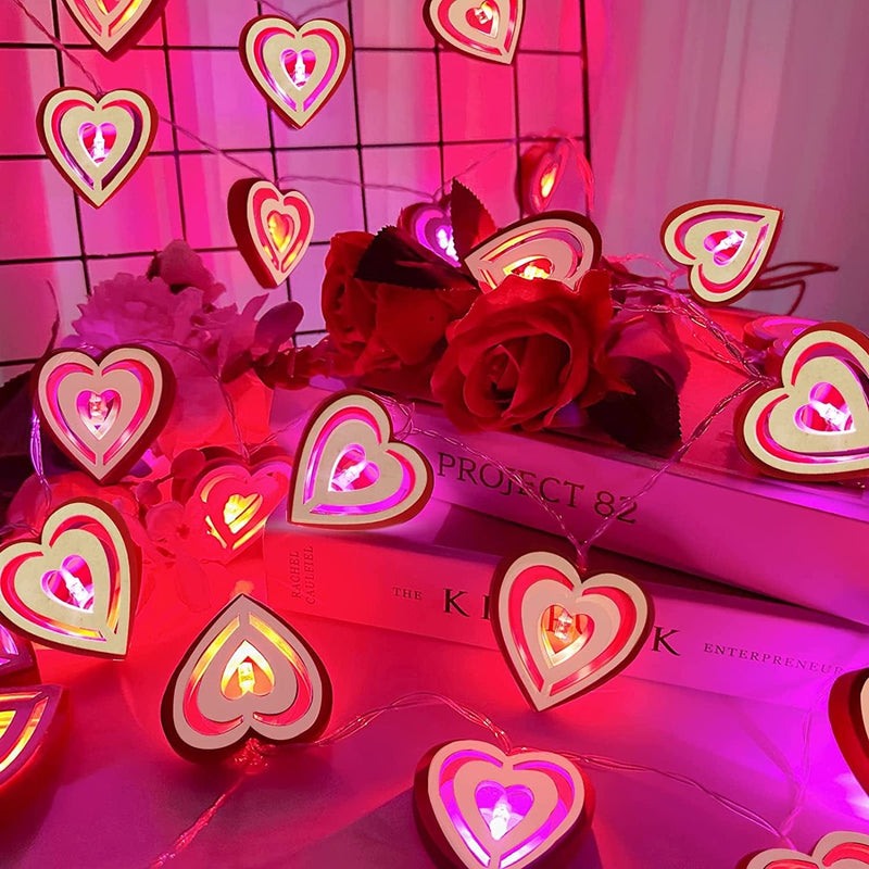 [ Timer ] Valentine'S Day Wooden Heart Lights Decorations, 10 Ft 30 LED 3D Red Pink Hearts String Lights Hollow Heart Shaped Fairy Light Battery Operated Valentines Decor Indoor Home Bedroom Wedding Home & Garden > Lighting > Light Ropes & Strings TURNMEON   