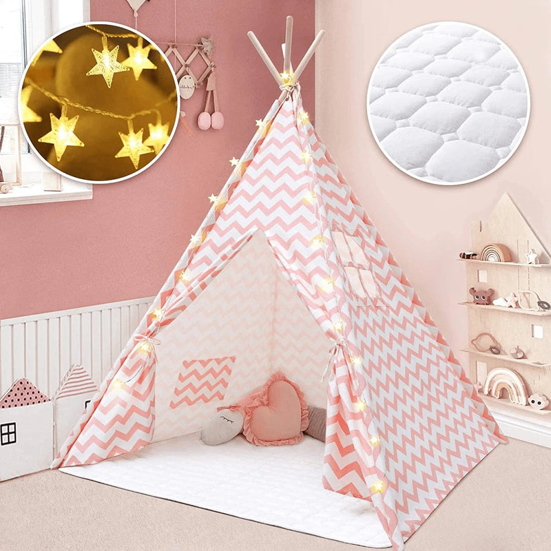Tiny Land Kids-Teepee-Tent with Soft Mat & Star Lights String, Cotton Kids Play-Tent, for 3,4,5,6 Years Old Girls, Indoor Outdoor Playhouse & Fort, Learning Toy for Toddlers