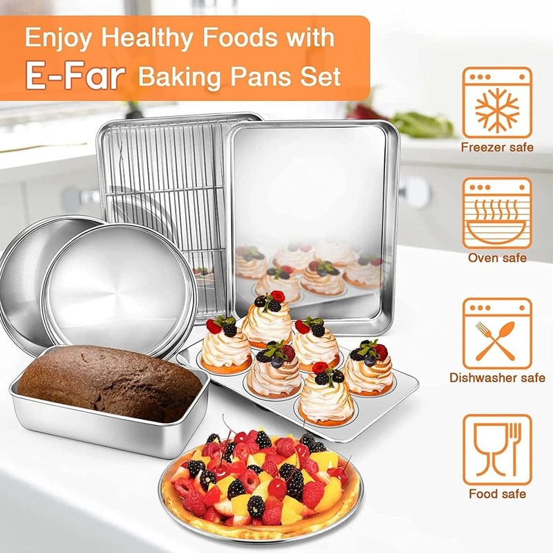 Toaster Oven Bakeware Set, E-Far 8-Piece Stainless Steel Small Baking Pan Set, Include 6-Inch Cake Pan/Rectangle Baking Pan/Cookie Sheet with Rack/Muffin/Loaf/Pizza Pan, Non-Toxic & Dishwasher Safe Home & Garden > Kitchen & Dining > Cookware & Bakeware E-far   