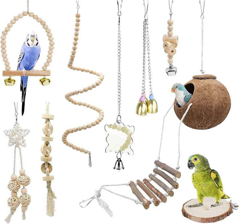 TOLMIOW 9 Pieces Parrots Chewing Natural Wood and Rope Bungee Bird Toy for Anchovies, Coconut Hideaway with Ladder ,Bird Perch Stand, Bird Cage Accessories, Parakeets, Cockatiel, Conure, Mynah, Macow Animals & Pet Supplies > Pet Supplies > Bird Supplies > Bird Cages & Stands TOLMIOW   