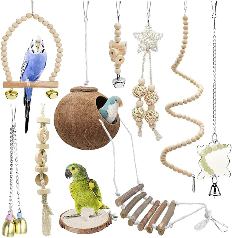 TOLMIOW 9 Pieces Parrots Chewing Natural Wood and Rope Bungee Bird Toy for Anchovies, Coconut Hideaway with Ladder ,Bird Perch Stand, Bird Cage Accessories, Parakeets, Cockatiel, Conure, Mynah, Macow Animals & Pet Supplies > Pet Supplies > Bird Supplies > Bird Cages & Stands TOLMIOW   