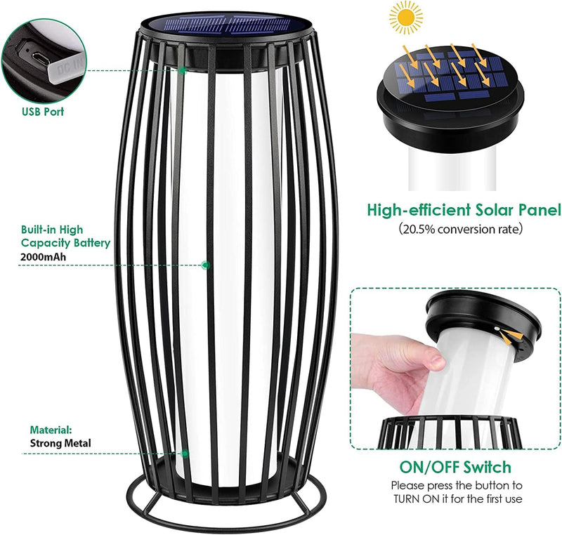 Tomcare Solar Lantern Flickering Flame Solar Lights Outdoor Decorative Large Metal Solar Powered & USB Charged Lanterns Floor Lamp Waterproof Solar Christmas Decorations Lighting for Patio Deck Porch