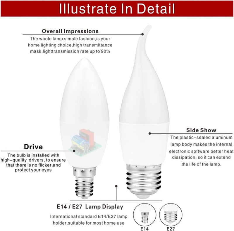 TONONE 2Pcs 5W 7W LED Candle Bulb E14 E27 Led Light 220V-240V Led Lamp No Flicker Spotlight Chandelier Lighting ( Color : Warm White , Size : C35-E27_NO_5W 220V ) Home & Garden > Lighting > Flood & Spot Lights TONONE   