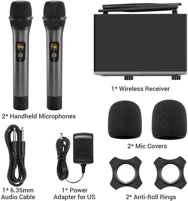 TONOR Wireless Microphone，Metal Dual Professional UHF Cordless Dynamic Mic Handheld Microphone System for Home Karaoke, Meeting, Party, Church, DJ, Wedding, Home KTV Set, 200ft(TW-820)