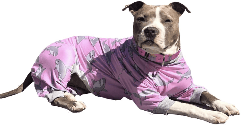 Tooth and Honey Pitbull Pajamas/Pink Shark Print Dog Onesie Jumpsuit/Lightweight Pullover Pajamas/Full Coverage Dog Pjs/Pink Color with Grey Trim Animals & Pet Supplies > Pet Supplies > Dog Supplies > Dog Apparel Tooth & Honey X-Large  