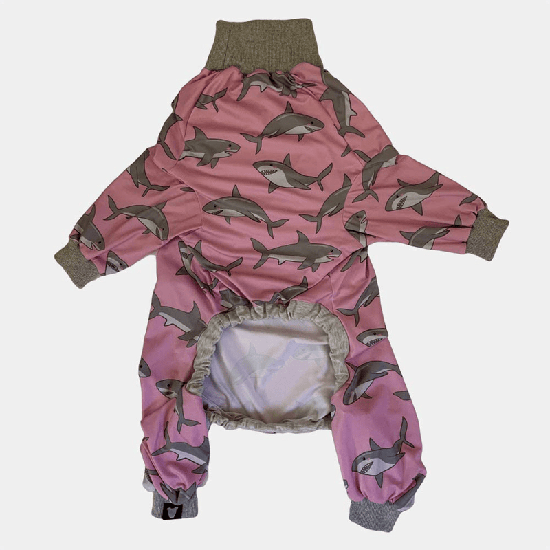 Tooth and Honey Pitbull Pajamas/Pink Shark Print Dog Onesie Jumpsuit/Lightweight Pullover Pajamas/Full Coverage Dog Pjs/Pink Color with Grey Trim Animals & Pet Supplies > Pet Supplies > Dog Supplies > Dog Apparel Tooth & Honey   