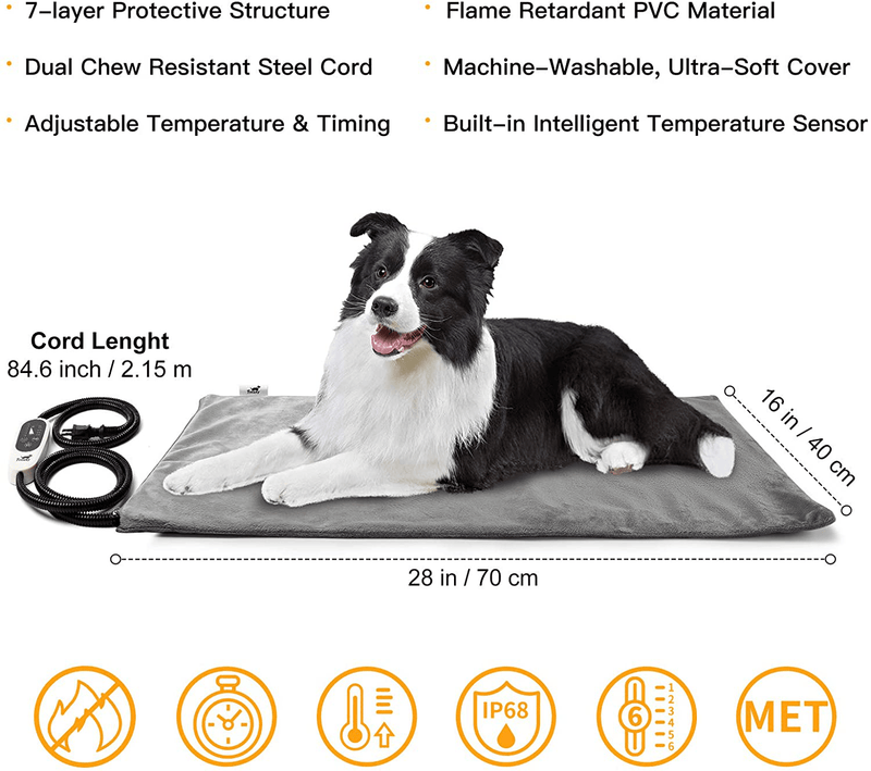 Toozey Pet Heating Pad, Temperature Adjustable Dog Cat Heating Pad with Timer, Waterproof Pet Heating Pads for Cats Dogs with Chew Resistant Cord, Electric Pads for Dogs Cats, Pet Heated Mat