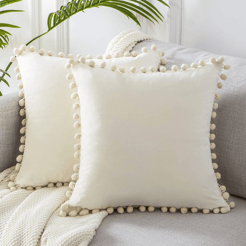 Top Finel Square Decorative Throw Pillow Covers Soft Velvet Outdoor Cushion Covers 18 X 18 with Balls for Sofa Bed, Set of 2, Cream Home & Garden > Decor > Chair & Sofa Cushions Top Finel Cream 22"x22" 