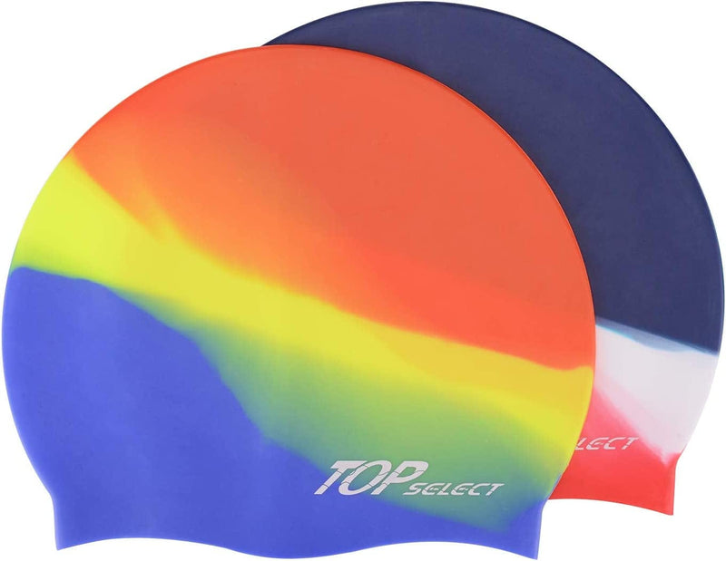 TOP Select 2/PK Silicone Swim Caps for Kids, Children, Youth, Boys and Girls Aged 3-16, Waterproof Bathing Caps for Long and Short Hairs, 4 Colors Nice Outward, Comfortable and Durable Sporting Goods > Outdoor Recreation > Boating & Water Sports > Swimming > Swim Caps Top Select Red/Dark Blue  