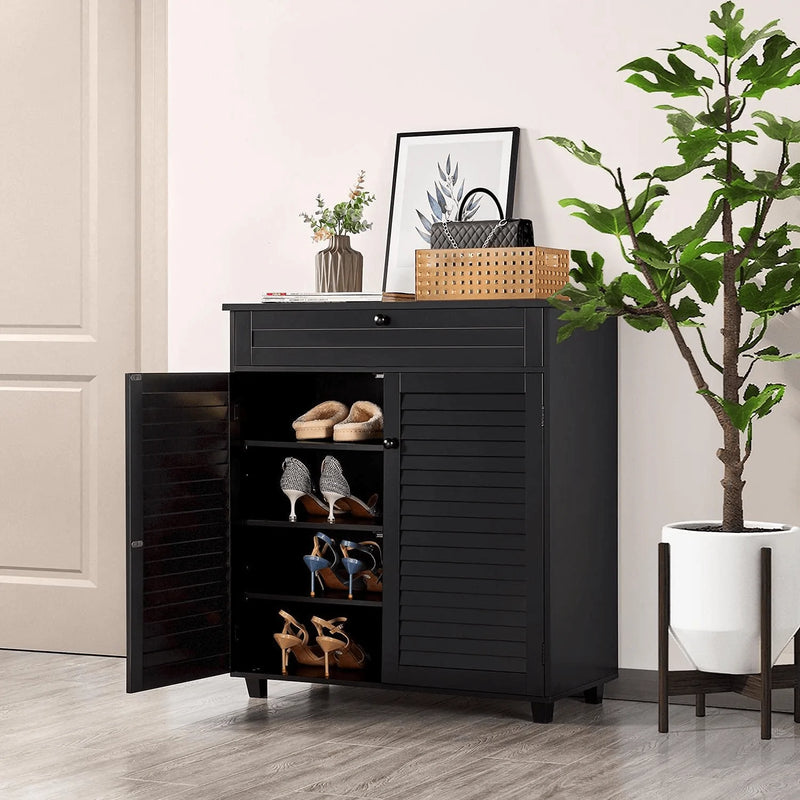 Topeakmart Wood Shoe Cabinet, Floor Storage Container with 4 Storage Shelves for Entryway Bathroom Living Room, Black