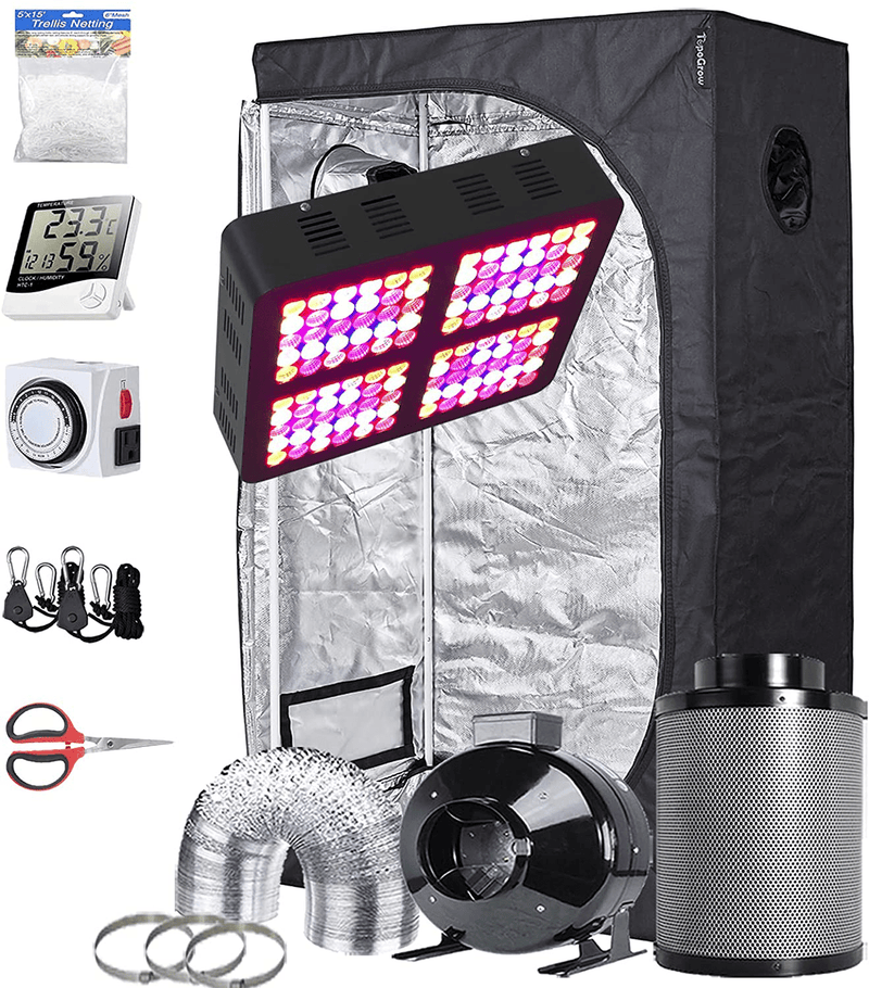 Topogrow Hydroponic Small Grow Tent Complete Kit 600W Led Grow Light, 32"X32"X63" Mylar Growing Tent 4" Fan Filter Ventilation Kit with Grow Tent Accessories for Indoor Plants Growing System Sporting Goods > Outdoor Recreation > Camping & Hiking > Tent Accessories TopoGrow 36"X20"X63" Kit  