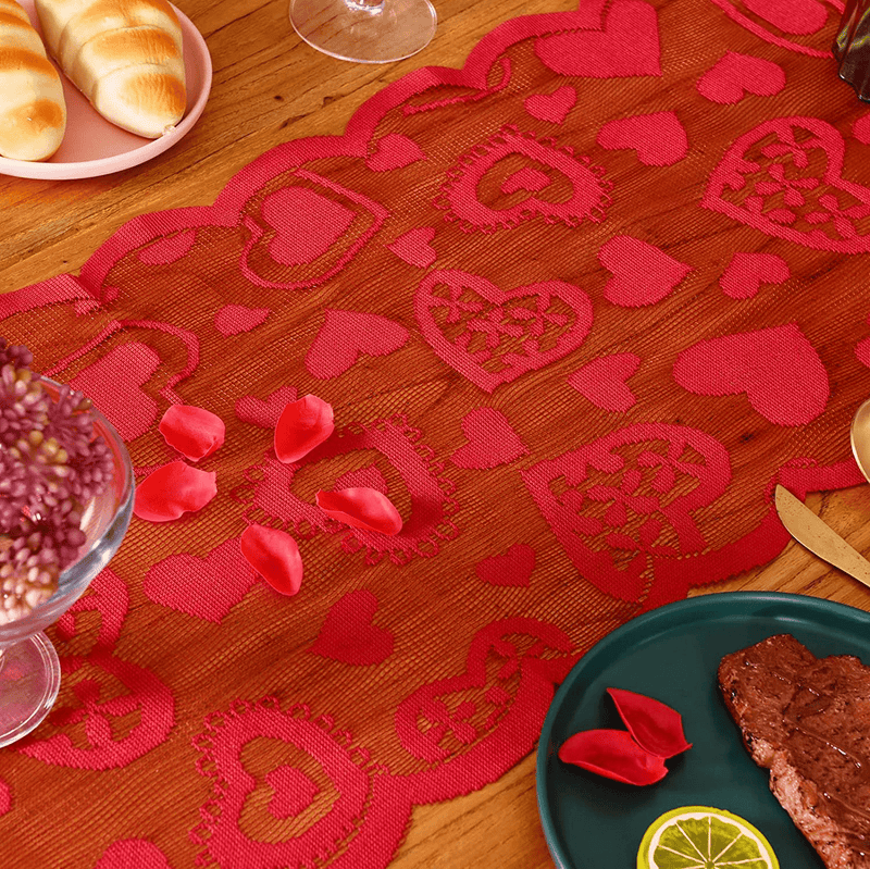 Tosewever Valentines Day Table Runner 13 X 72 Inch Red Heart Embroidery Lace Table Cloth for Valentines Anniversary Christmas Wedding Party Decorations Thanksgiving Dinner Parties (Red, 13 X 72 Inch) Home & Garden > Decor > Seasonal & Holiday Decorations Tosewever   
