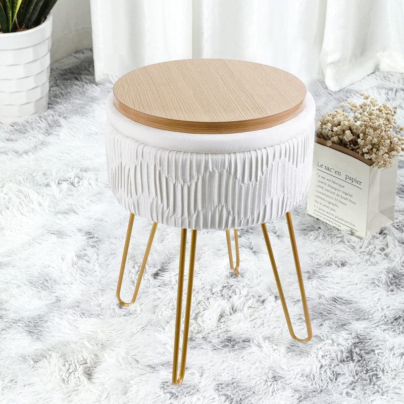 Touch Rich Stripe Velvet Vanity Chair round Ottoman,Upholstered Vanity Makeup Footstool Side Table Dressing Chair with Golden Metal Legs (White, Round-Storage) Home & Garden > Household Supplies > Storage & Organization TOUCH-RICH White Round-storage 