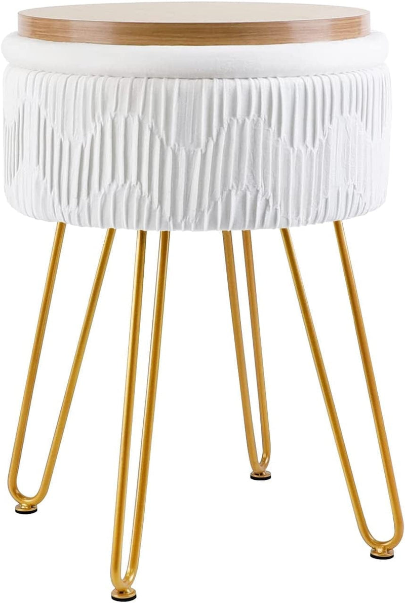 Touch Rich Stripe Velvet Vanity Chair round Ottoman,Upholstered Vanity Makeup Footstool Side Table Dressing Chair with Golden Metal Legs (White, Round-Storage) Home & Garden > Household Supplies > Storage & Organization TOUCH-RICH   