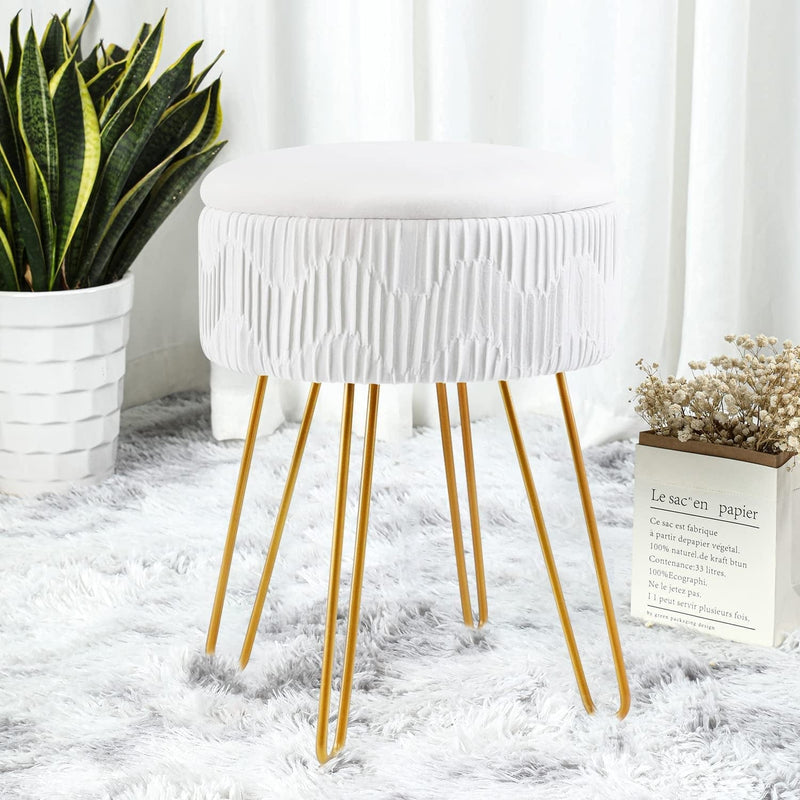 Touch Rich Stripe Velvet Vanity Chair round Ottoman,Upholstered Vanity Makeup Footstool Side Table Dressing Chair with Golden Metal Legs (White, Round-Storage) Home & Garden > Household Supplies > Storage & Organization TOUCH-RICH   