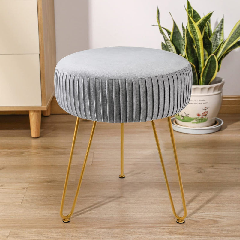 Touch Rich Stripe Velvet Vanity Chair round Ottoman,Upholstered Vanity Makeup Footstool Side Table Dressing Chair with Golden Metal Legs (White, Round-Storage) Home & Garden > Household Supplies > Storage & Organization TOUCH-RICH Grey Round-normal 