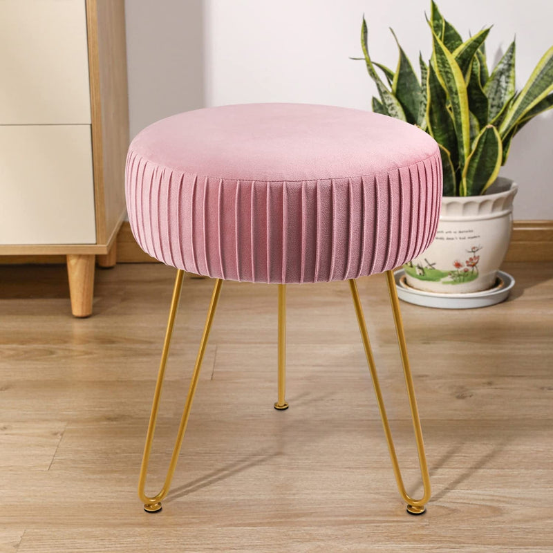 Touch Rich Stripe Velvet Vanity Chair round Ottoman,Upholstered Vanity Makeup Footstool Side Table Dressing Chair with Golden Metal Legs (White, Round-Storage) Home & Garden > Household Supplies > Storage & Organization TOUCH-RICH Pink Round-normal 