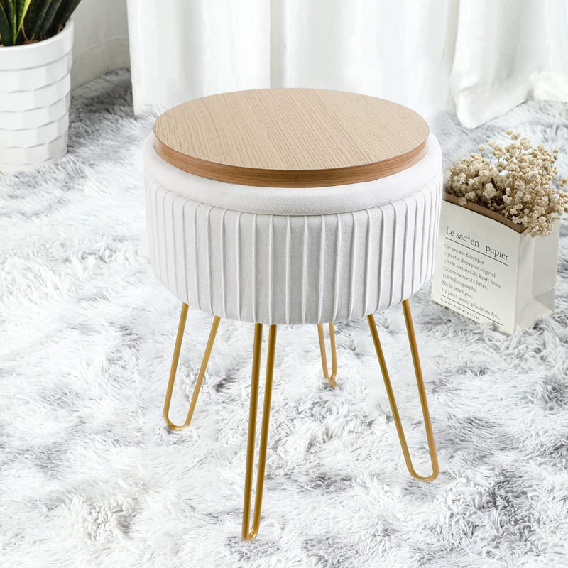 Touch Rich Stripe Velvet Vanity Chair round Ottoman,Upholstered Vanity Makeup Footstool Side Table Dressing Chair with Golden Metal Legs (White, Round-Storage) Home & Garden > Household Supplies > Storage & Organization TOUCH-RICH Beige Round-storage 