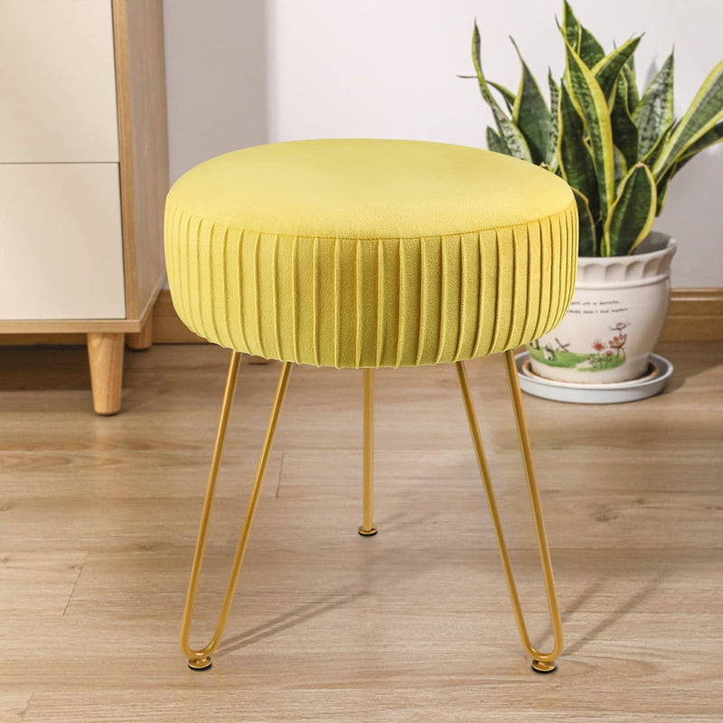 Touch Rich Stripe Velvet Vanity Chair round Ottoman,Upholstered Vanity Makeup Footstool Side Table Dressing Chair with Golden Metal Legs (White, Round-Storage) Home & Garden > Household Supplies > Storage & Organization TOUCH-RICH Yellow Round-normal 