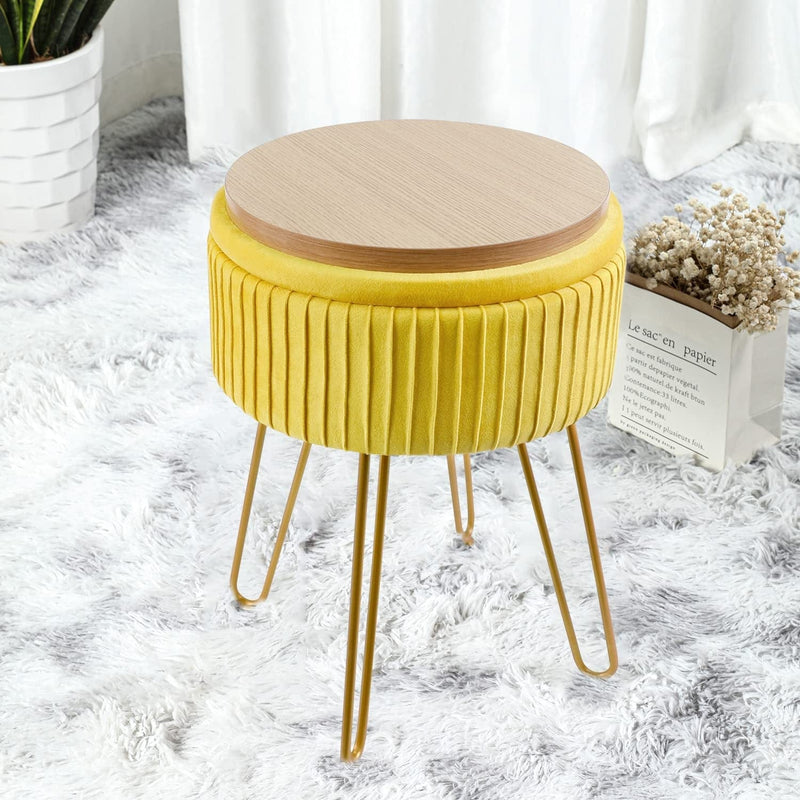 Touch Rich Stripe Velvet Vanity Chair round Ottoman,Upholstered Vanity Makeup Footstool Side Table Dressing Chair with Golden Metal Legs (White, Round-Storage) Home & Garden > Household Supplies > Storage & Organization TOUCH-RICH Yellow Round-storage 
