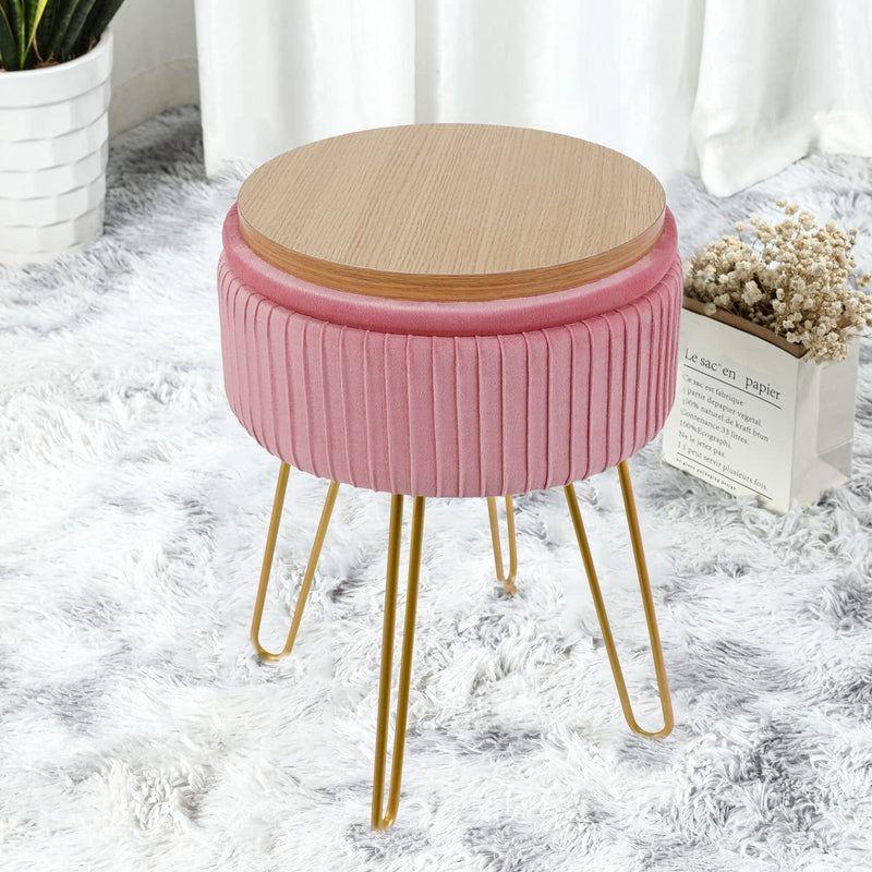 Touch Rich Stripe Velvet Vanity Chair round Ottoman,Upholstered Vanity Makeup Footstool Side Table Dressing Chair with Golden Metal Legs (White, Round-Storage) Home & Garden > Household Supplies > Storage & Organization TOUCH-RICH Pink Round-storage 