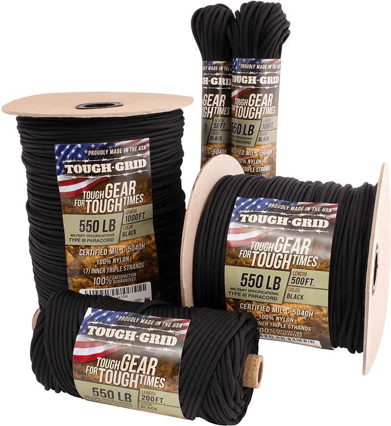 TOUGH-GRID 550Lb Paracord/Parachute Cord - 100% Nylon Mil-Spec Type III Paracord Used by the US Military, Great for Bracelets and Lanyards Sporting Goods > Outdoor Recreation > Camping & Hiking > Camp Furniture TOUGH-GRID Black 1000Ft. (WOUND ON SPOOL) 