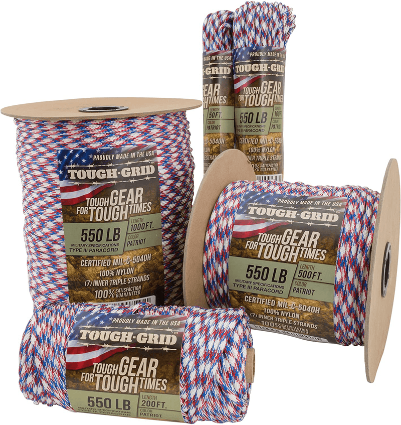 TOUGH-GRID 550Lb Paracord/Parachute Cord - 100% Nylon Mil-Spec Type III Paracord Used by the US Military, Great for Bracelets and Lanyards Sporting Goods > Outdoor Recreation > Camping & Hiking > Camp Furniture TOUGH-GRID Patriot 1000Ft. (WOUND ON SPOOL) 