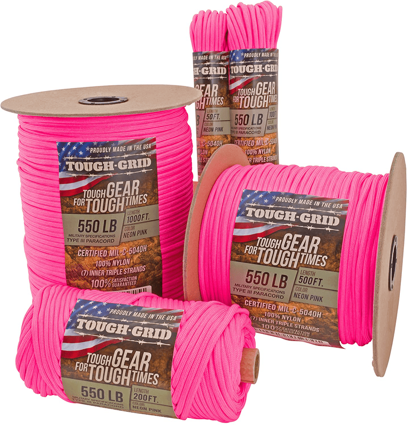 TOUGH-GRID 550Lb Paracord/Parachute Cord - 100% Nylon Mil-Spec Type III Paracord Used by the US Military, Great for Bracelets and Lanyards Sporting Goods > Outdoor Recreation > Camping & Hiking > Camp Furniture TOUGH-GRID Neon Pink 200Ft. (WOUND ON TUBE) 