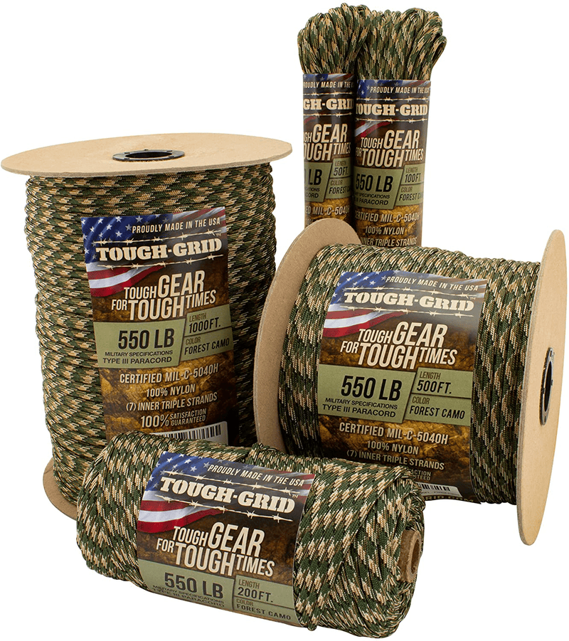 TOUGH-GRID 550Lb Paracord/Parachute Cord - 100% Nylon Mil-Spec Type III Paracord Used by the US Military, Great for Bracelets and Lanyards Sporting Goods > Outdoor Recreation > Camping & Hiking > Camp Furniture TOUGH-GRID Forest Camo 200Ft. (WOUND ON TUBE) 