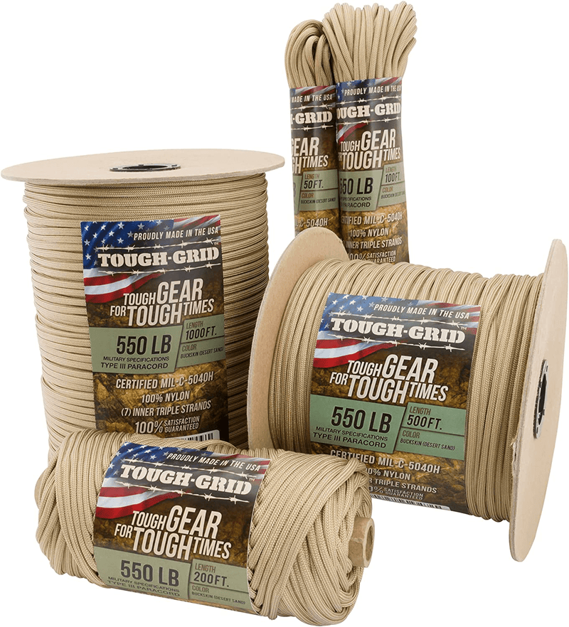 TOUGH-GRID 550Lb Paracord/Parachute Cord - 100% Nylon Mil-Spec Type III Paracord Used by the US Military, Great for Bracelets and Lanyards Sporting Goods > Outdoor Recreation > Camping & Hiking > Camp Furniture TOUGH-GRID Buckskin (Desert Sand) 100Ft. (COILED IN BAG) 