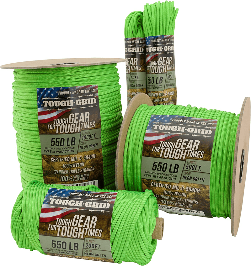 TOUGH-GRID 550Lb Paracord/Parachute Cord - 100% Nylon Mil-Spec Type III Paracord Used by the US Military, Great for Bracelets and Lanyards Sporting Goods > Outdoor Recreation > Camping & Hiking > Camp Furniture TOUGH-GRID Neon Green 100Ft. (COILED IN BAG) 