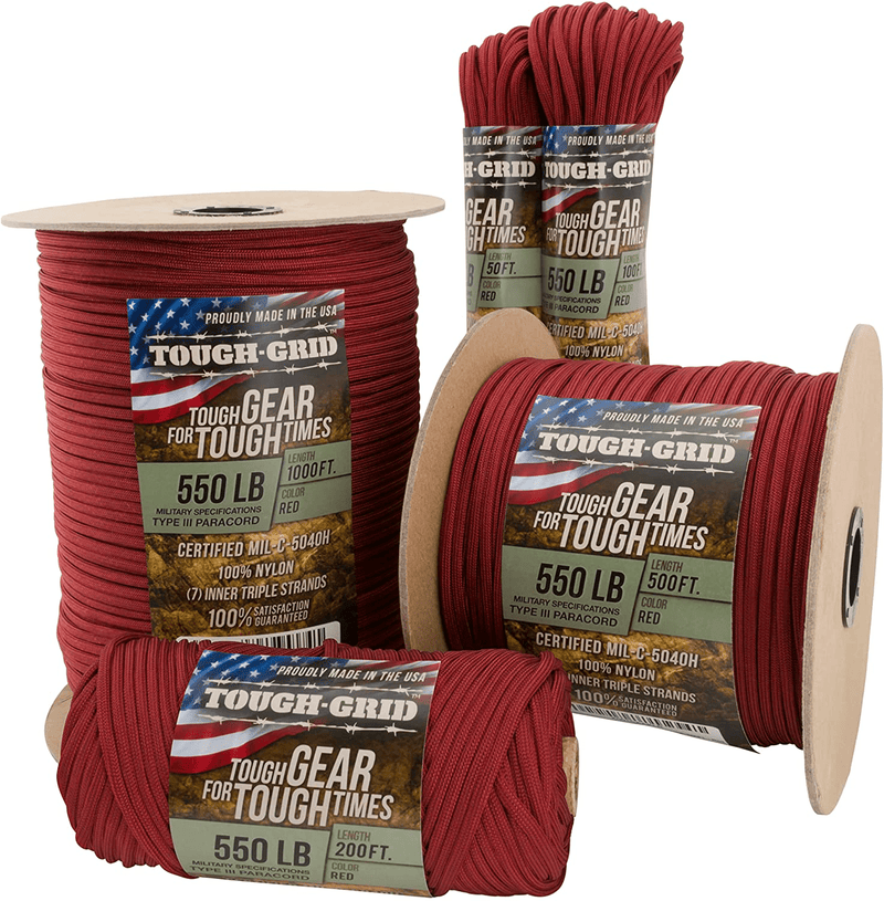 TOUGH-GRID 550Lb Paracord/Parachute Cord - 100% Nylon Mil-Spec Type III Paracord Used by the US Military, Great for Bracelets and Lanyards