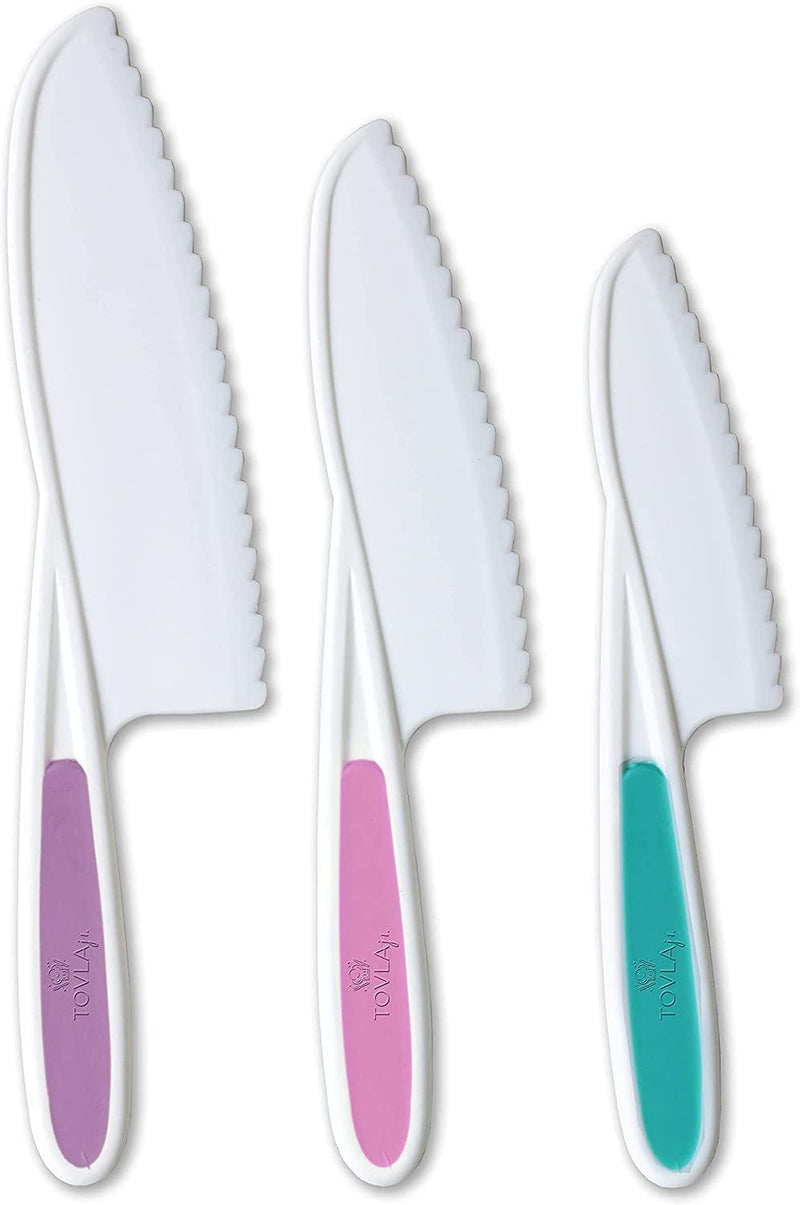 TOVLA JR. Knives for Kids 3-Piece Nylon Kitchen Baking Knife Set: Children'S Cooking Knives in 3 Sizes & Colors/Firm Grip, Serrated Edges, Bpa-Free Kids' Knives (Colors Vary for Each Size Knife)